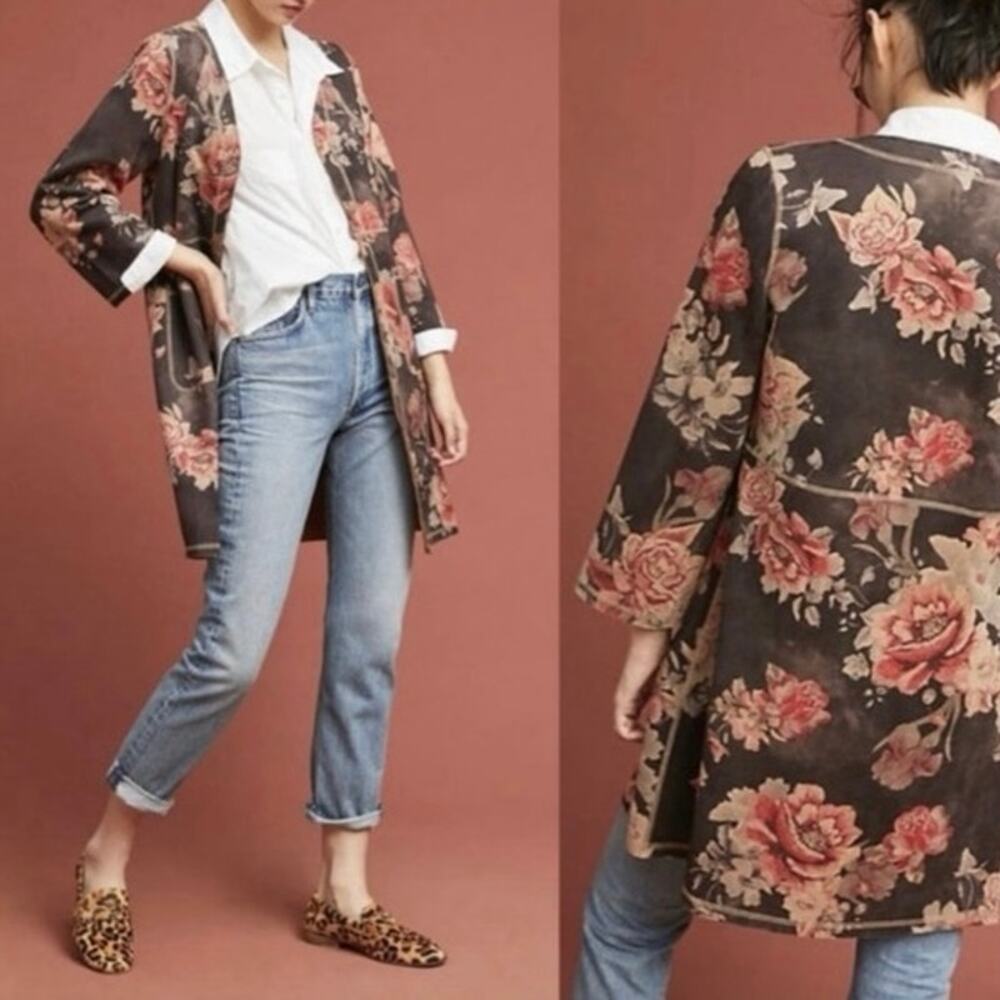 Monarc Anthropologie brown floral long coat large rose boho preppy western fall